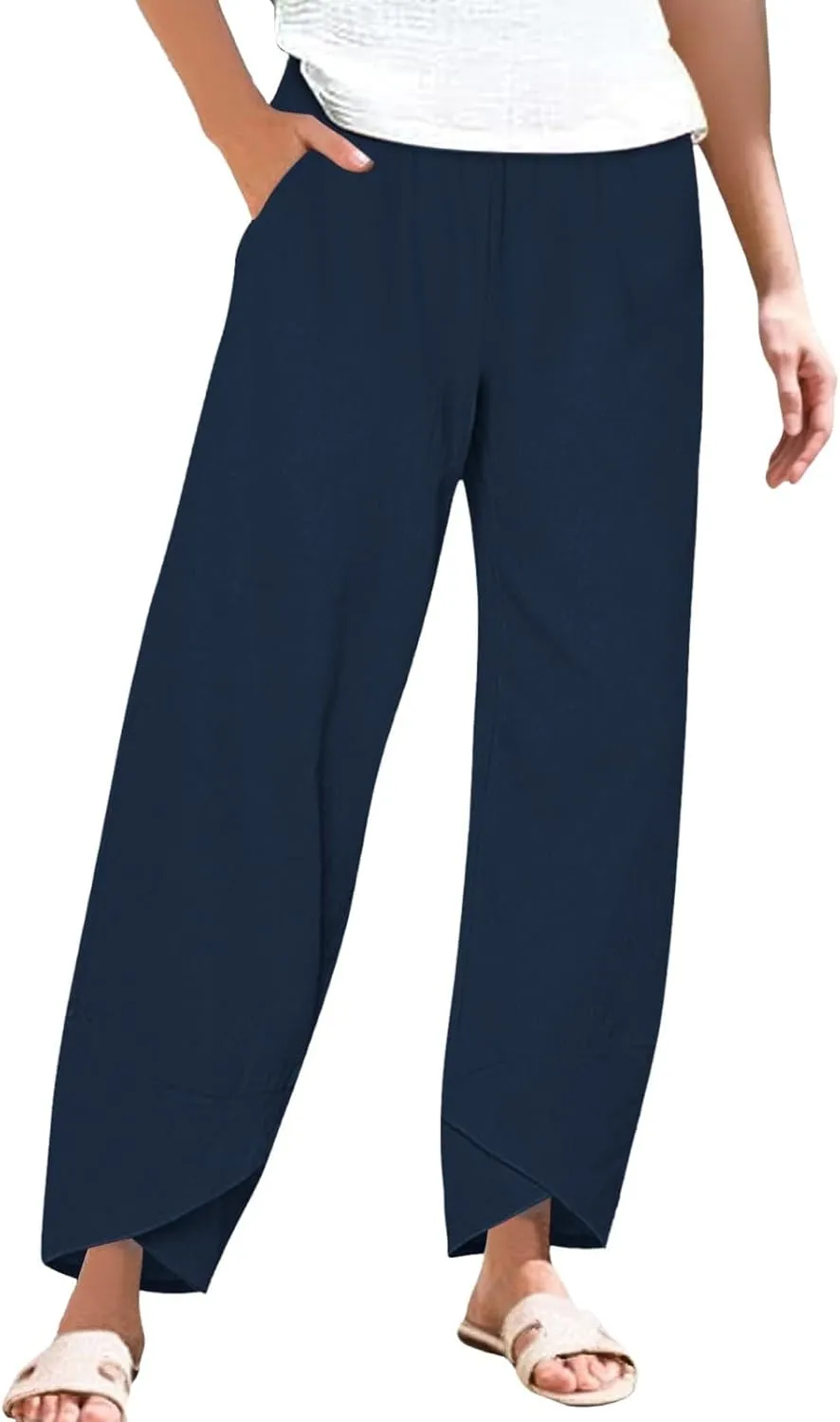 Miyaomn Linen Pants for Women Casual Summer Elastic Waist Capri Pants Solid Color Loose Wide Leg Cropped Trousers with Pocket