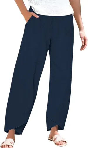 Miyaomn Linen Pants for Women Casual Summer Elastic Waist Capri Pants Solid Color Loose Wide Leg Cropped Trousers with Pocket