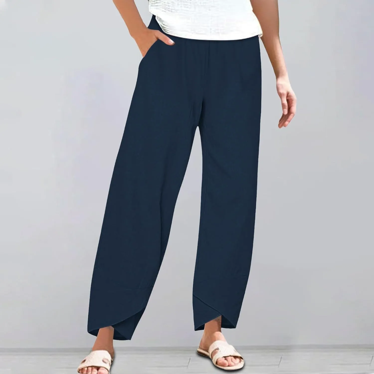 Miyaomn Linen Pants for Women Casual Summer Elastic Waist Capri Pants Solid Color Loose Wide Leg Cropped Trousers with Pocket