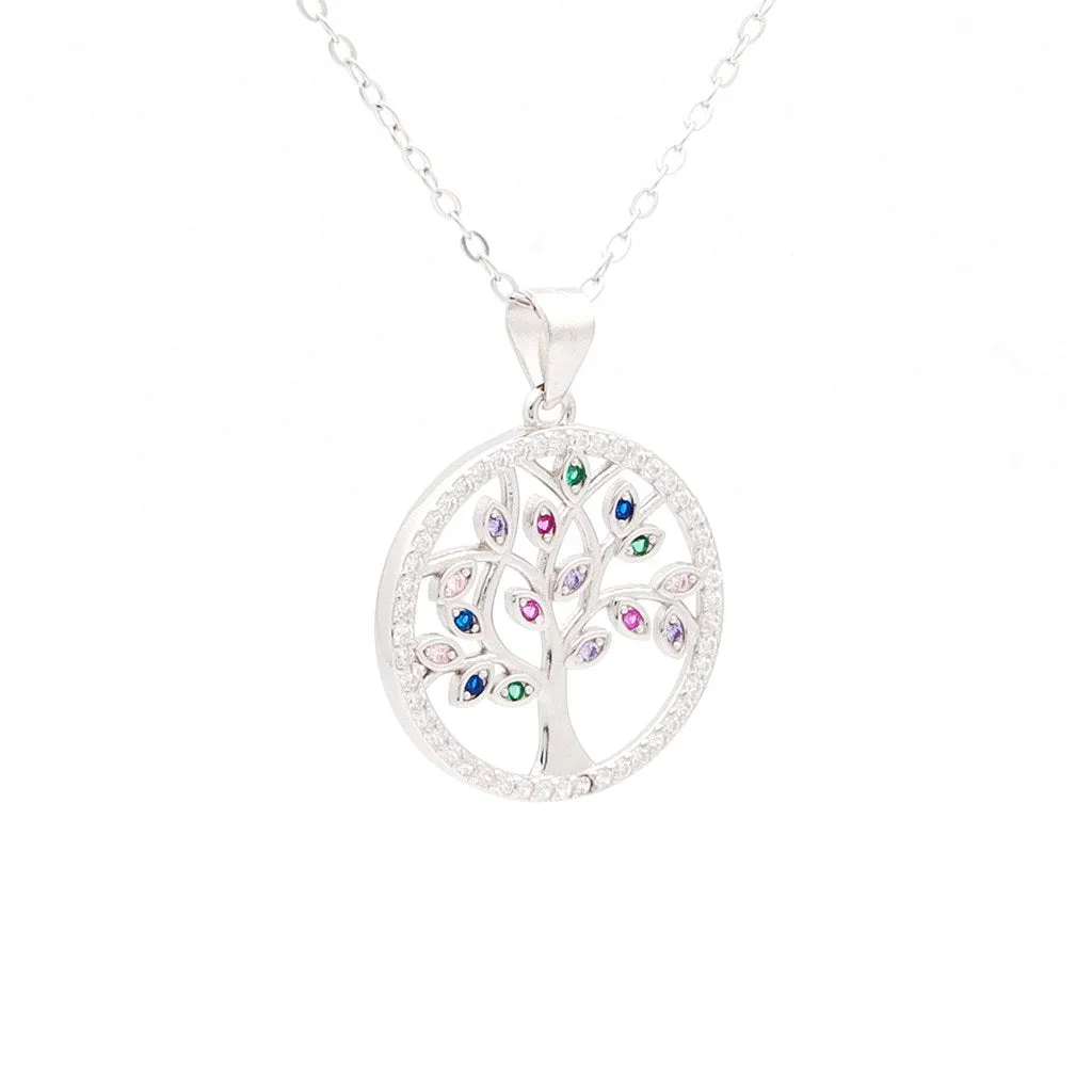 Multi Colour CZ Tree of Life Sterling Silver Necklace