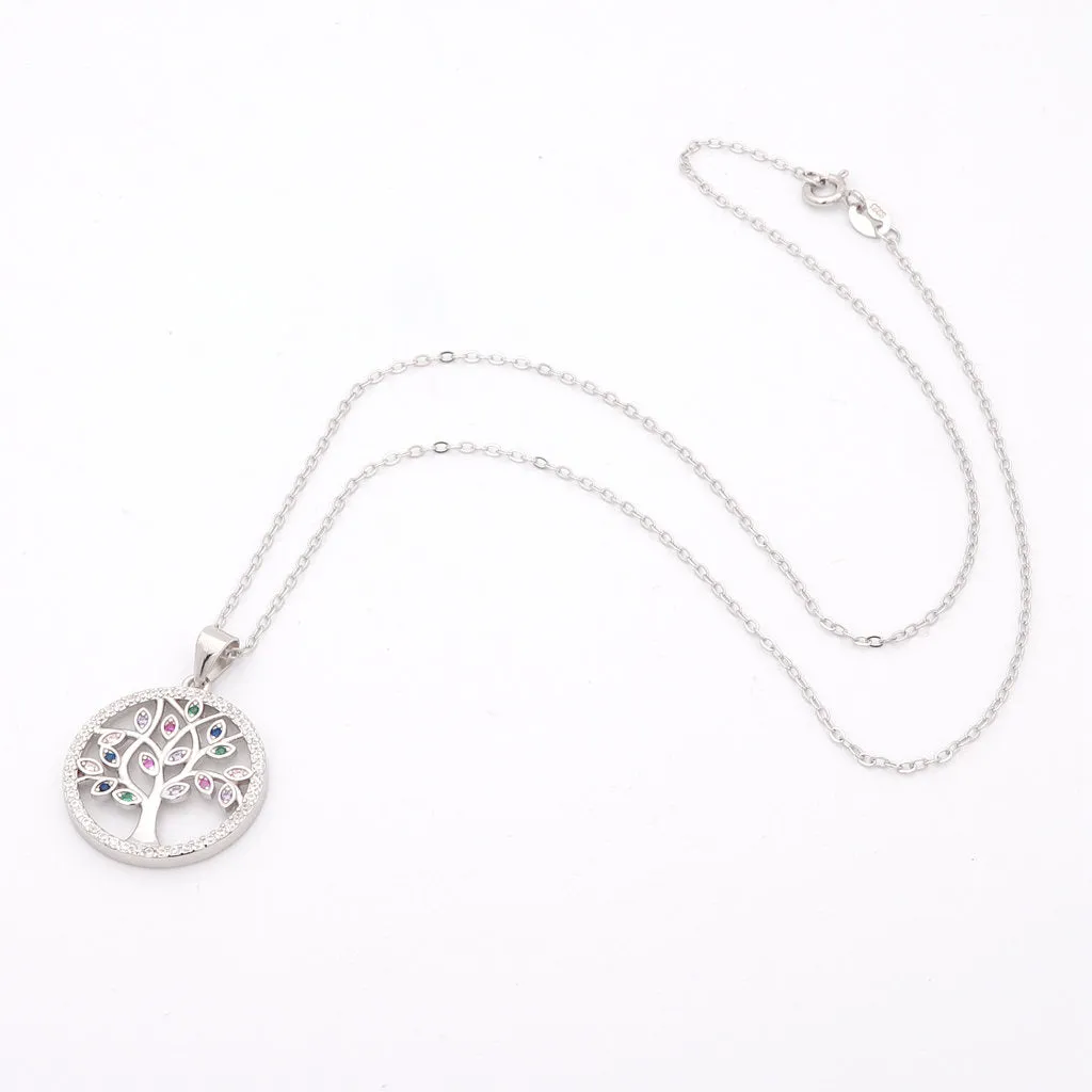Multi Colour CZ Tree of Life Sterling Silver Necklace