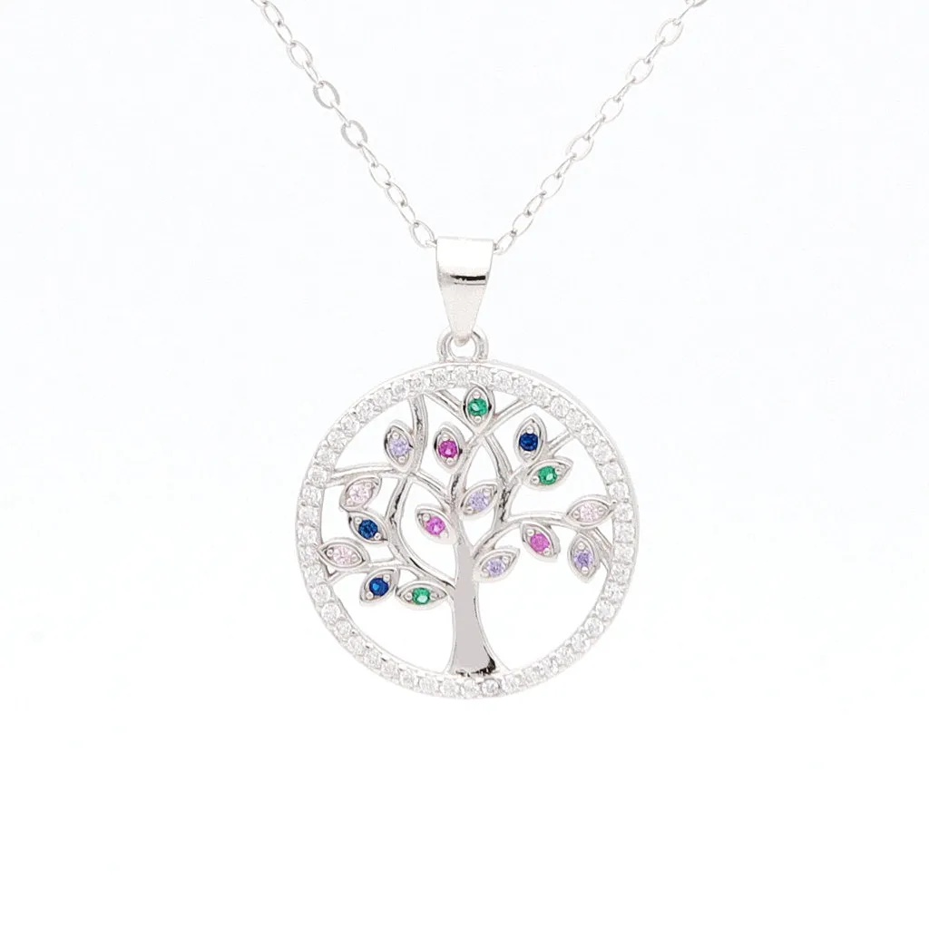 Multi Colour CZ Tree of Life Sterling Silver Necklace