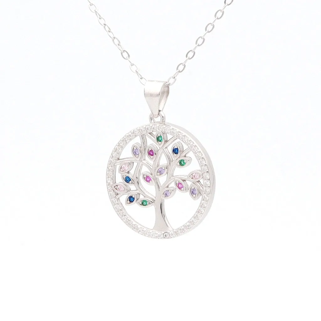 Multi Colour CZ Tree of Life Sterling Silver Necklace