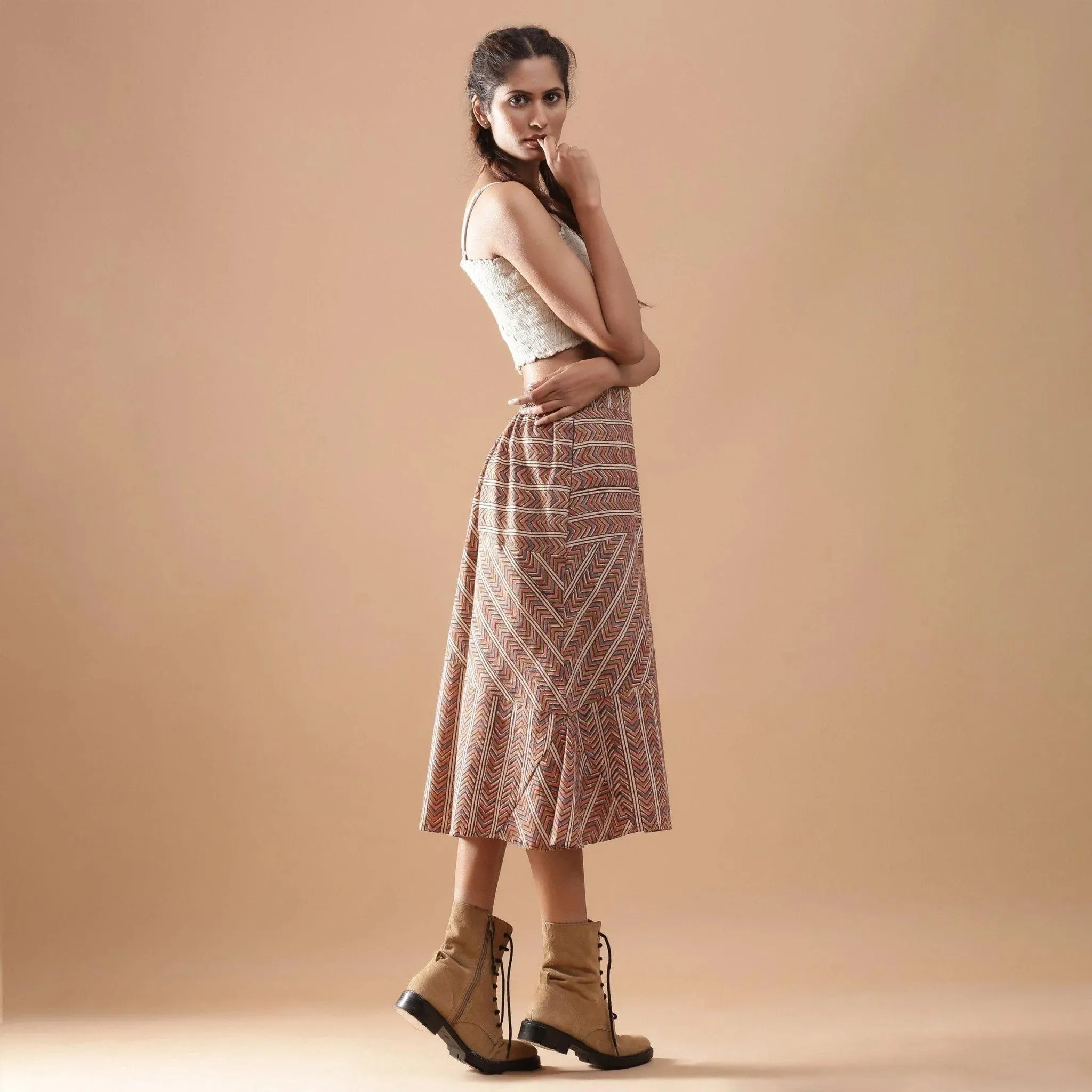 Multicolor Chevron Block Print Cotton Elasticated Midi Skirt