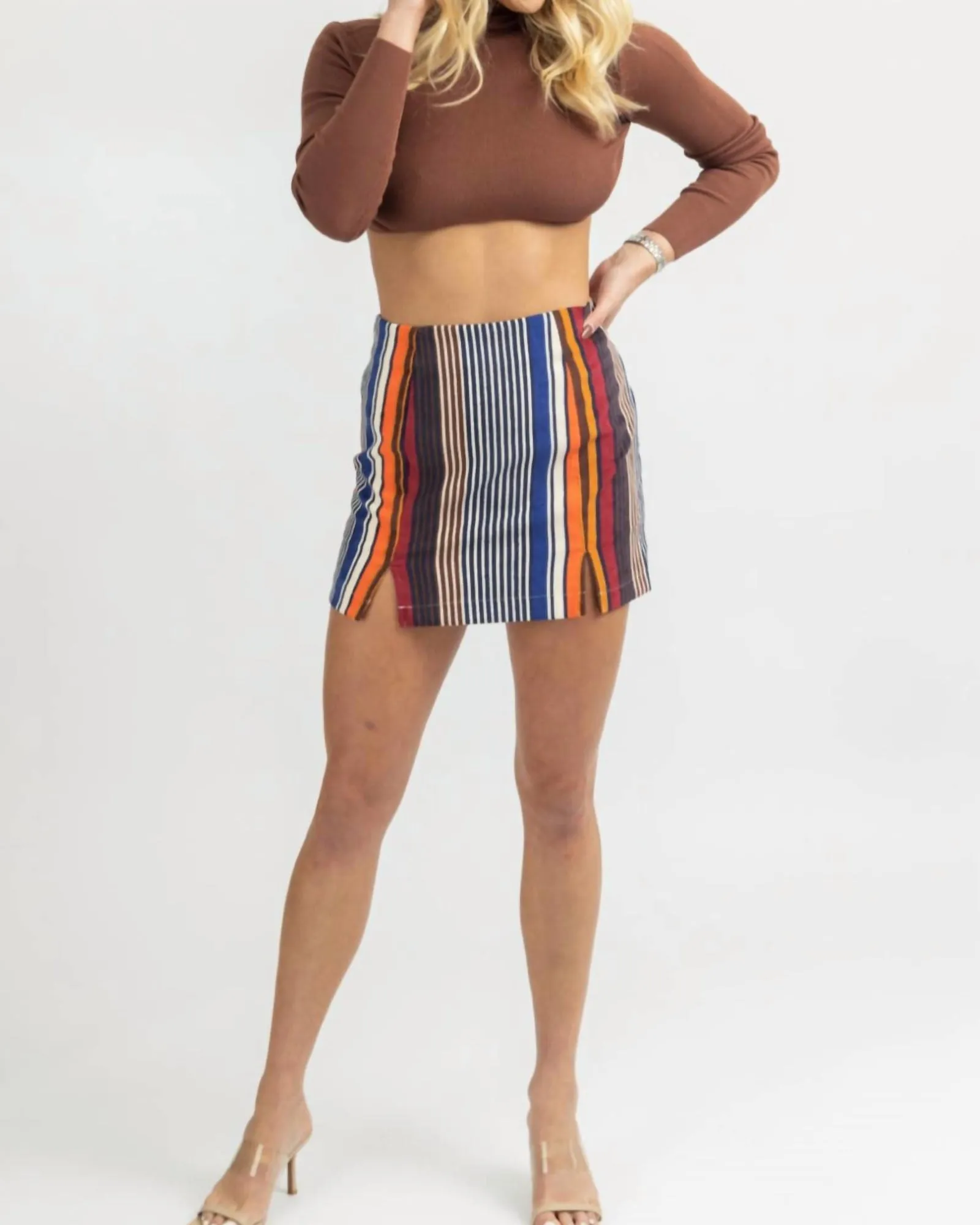 Multistripe Side Slit Mini Skirt In Burgundy | Burgundy