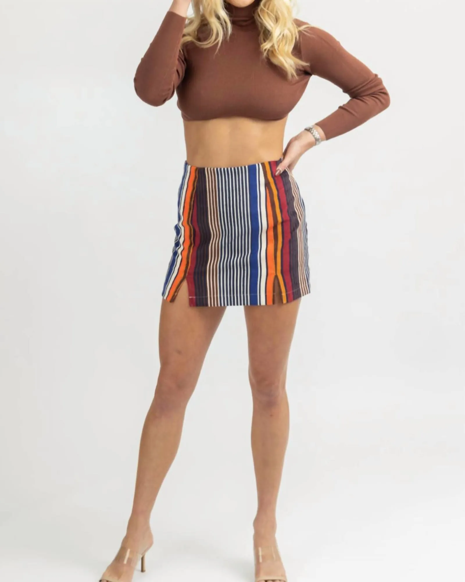 Multistripe Side Slit Mini Skirt In Burgundy | Burgundy