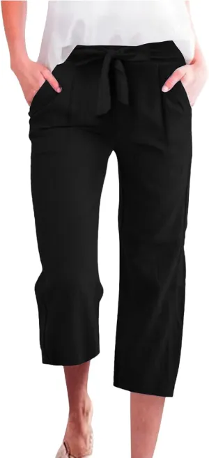 NBXNZWF Capri Pants for Women Casual Summer Cotton Linen Pants Wide Leg Drawstring Elastic High Waist Cropped Trousers