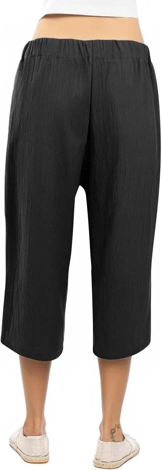 NBXNZWF Capri Pants for Women Casual Summer Cotton Linen Pants Wide Leg Drawstring Elastic High Waist Cropped Trousers