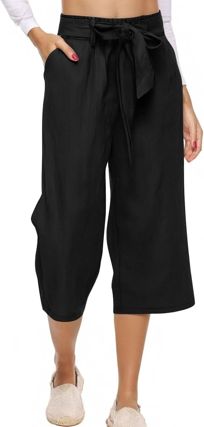 NBXNZWF Capri Pants for Women Casual Summer Cotton Linen Pants Wide Leg Drawstring Elastic High Waist Cropped Trousers