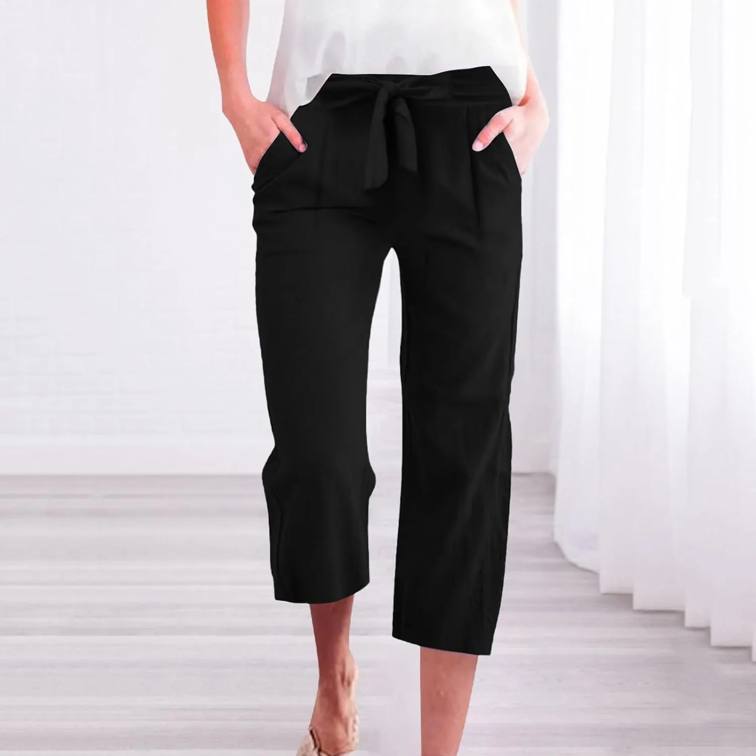 NBXNZWF Capri Pants for Women Casual Summer Cotton Linen Pants Wide Leg Drawstring Elastic High Waist Cropped Trousers