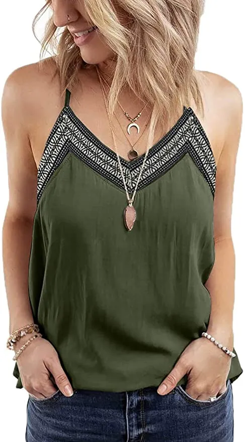 New Eddoyee Women Solid Color Camisole Tank Tops V Neck Embroidered Sleeveless Cami Tank Top, Olive, Sz M!