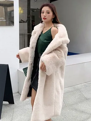 New Faux Fur Coats Apricot Long Sleeves Jewel Neck Women Long Coat