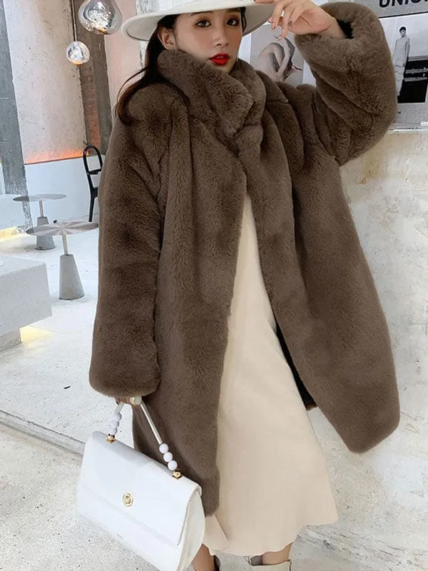 New Faux Fur Coats Apricot Long Sleeves Jewel Neck Women Long Coat