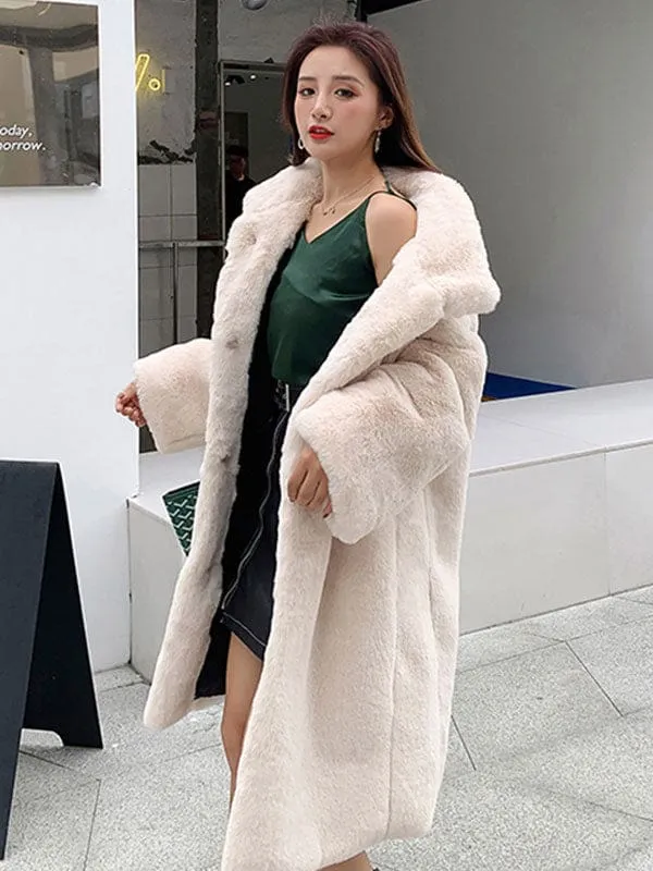 New Faux Fur Coats Apricot Long Sleeves Jewel Neck Women Long Coat