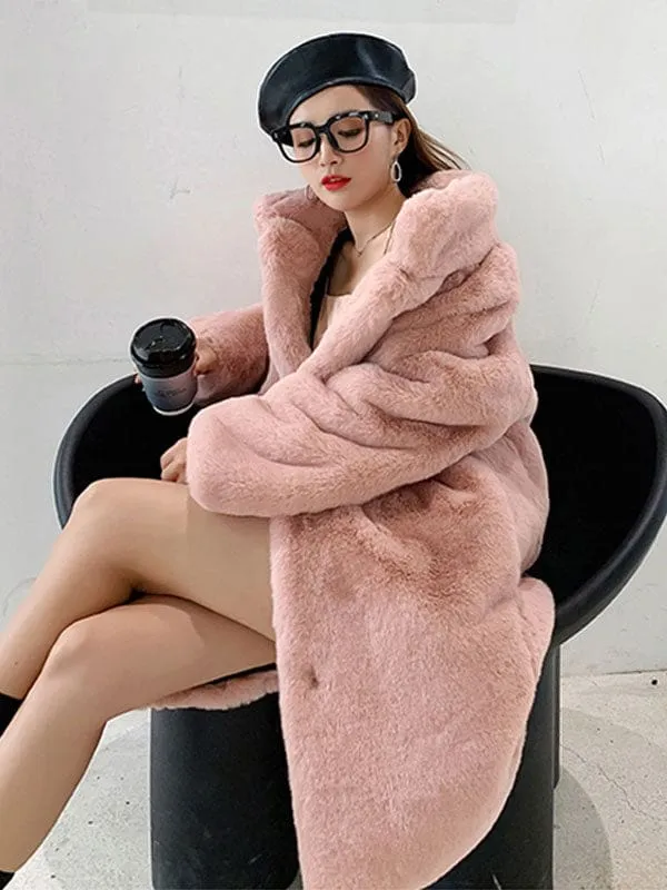 New Faux Fur Coats Apricot Long Sleeves Jewel Neck Women Long Coat