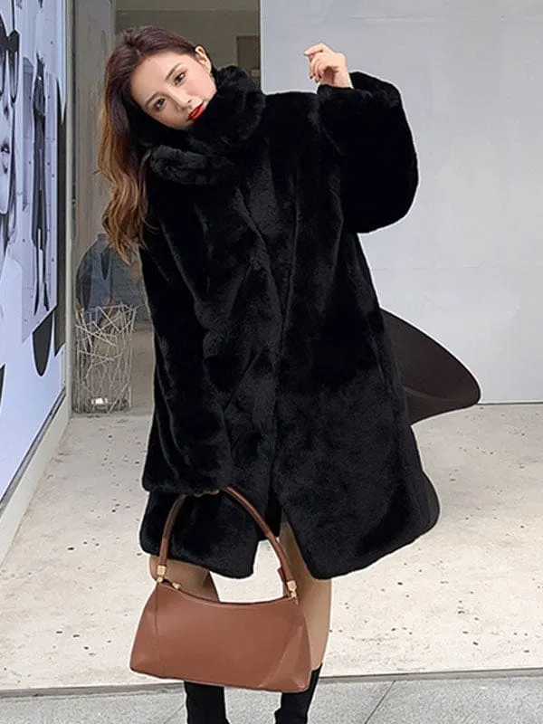 New Faux Fur Coats Apricot Long Sleeves Jewel Neck Women Long Coat