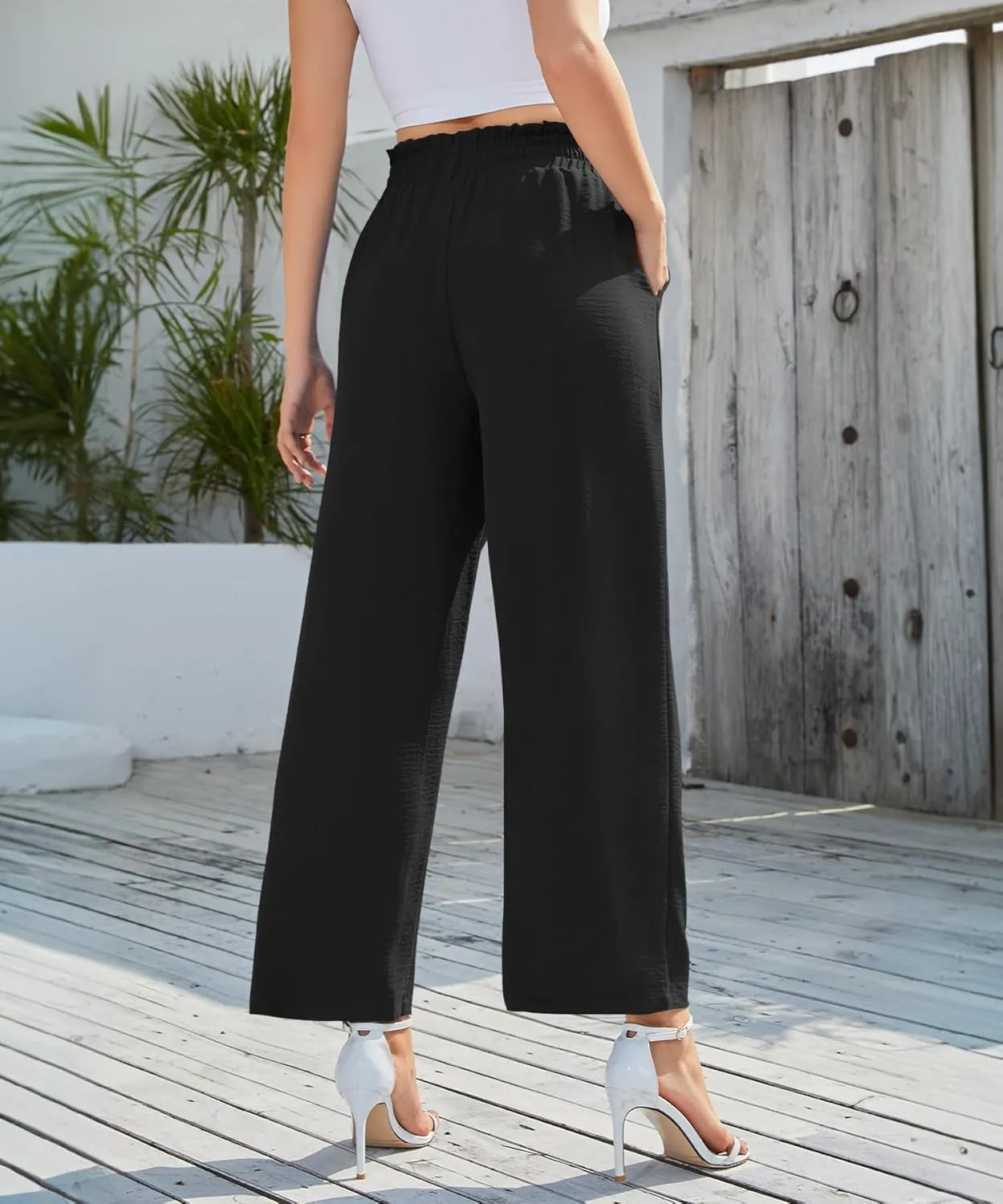 NILOUFO Women's Casual Wide Leg Pants High Waisted Lightweight Loose Long Trousers with Pockets Adjustable Tie Knot