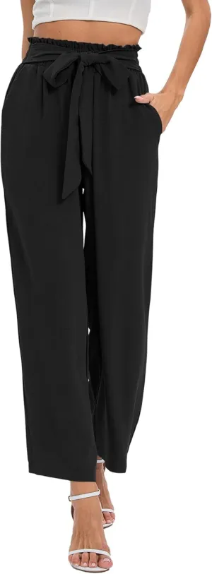 NILOUFO Women's Casual Wide Leg Pants High Waisted Lightweight Loose Long Trousers with Pockets Adjustable Tie Knot