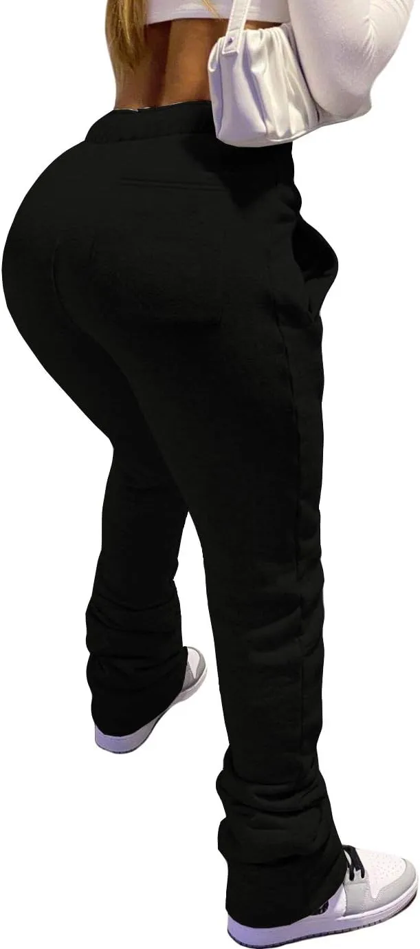 NRTHYE Stacked Pants Women Solid High Waist Drawstring Pleated Pants Casual Active Leggings Thick Sweatpants Trousers