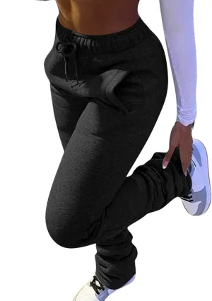NRTHYE Stacked Pants Women Solid High Waist Drawstring Pleated Pants Casual Active Leggings Thick Sweatpants Trousers
