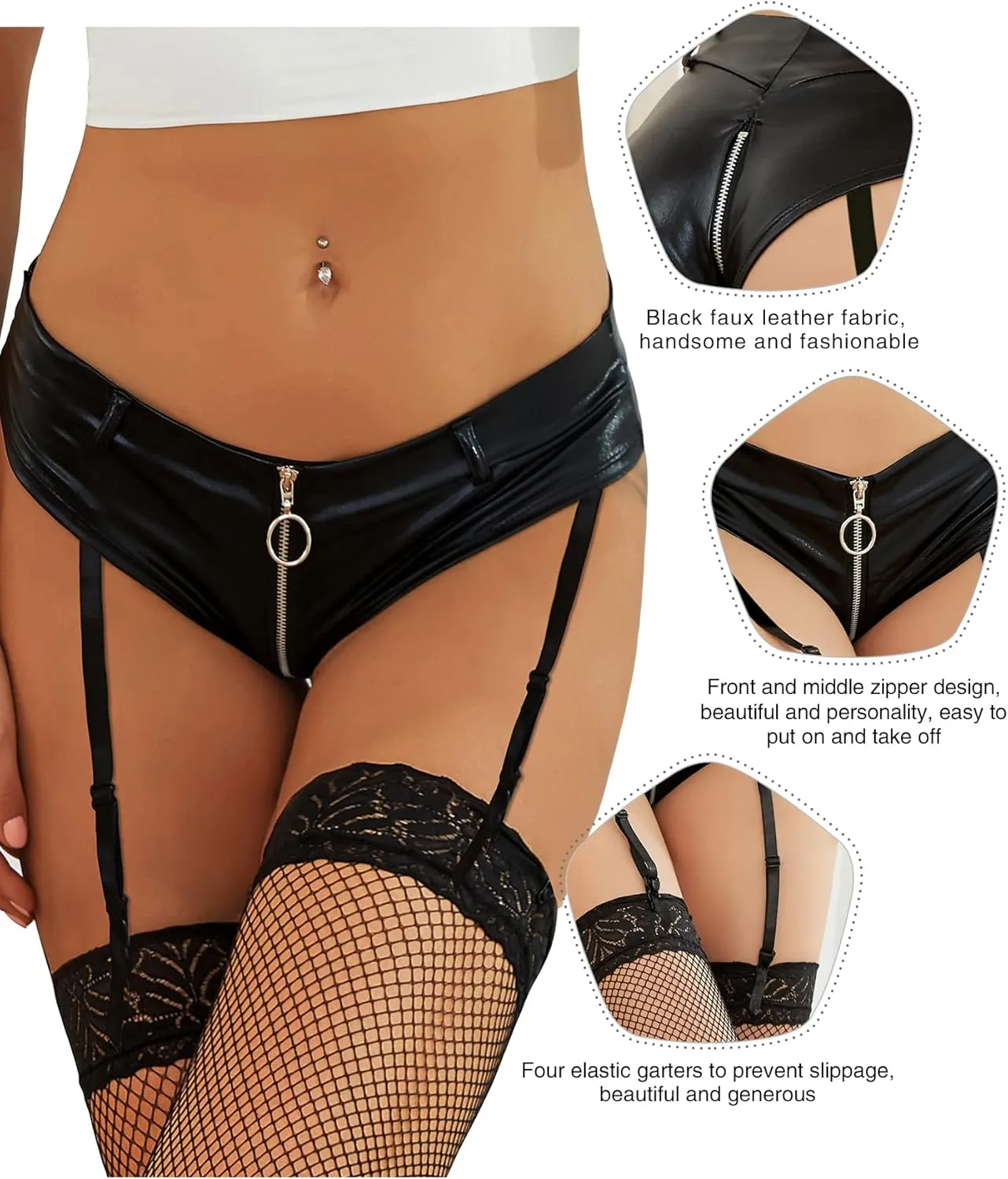 ohyeahlady Women's Faux Leather Zipper Short Hot Pants Flexible Disco Club Shorts with Suspender Garter belt XS-4XL
