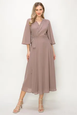 ONETHELAND Elegant Wrap Knit V Neck Midi Dress With Side Tie In Taupe