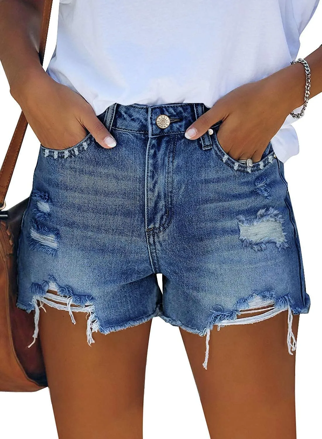 onlypuff Women's Ripped Mid Waisted Denim Shorts with Pockets