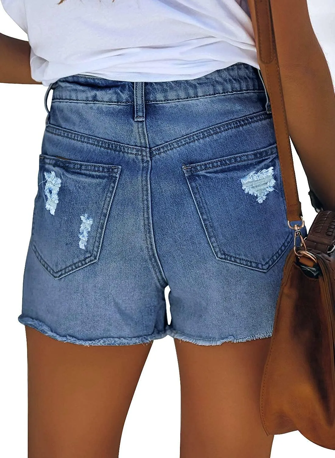 onlypuff Women's Ripped Mid Waisted Denim Shorts with Pockets