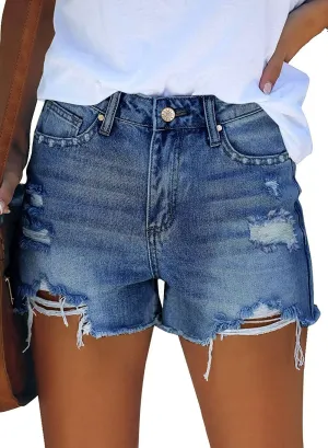 onlypuff Women's Ripped Mid Waisted Denim Shorts with Pockets