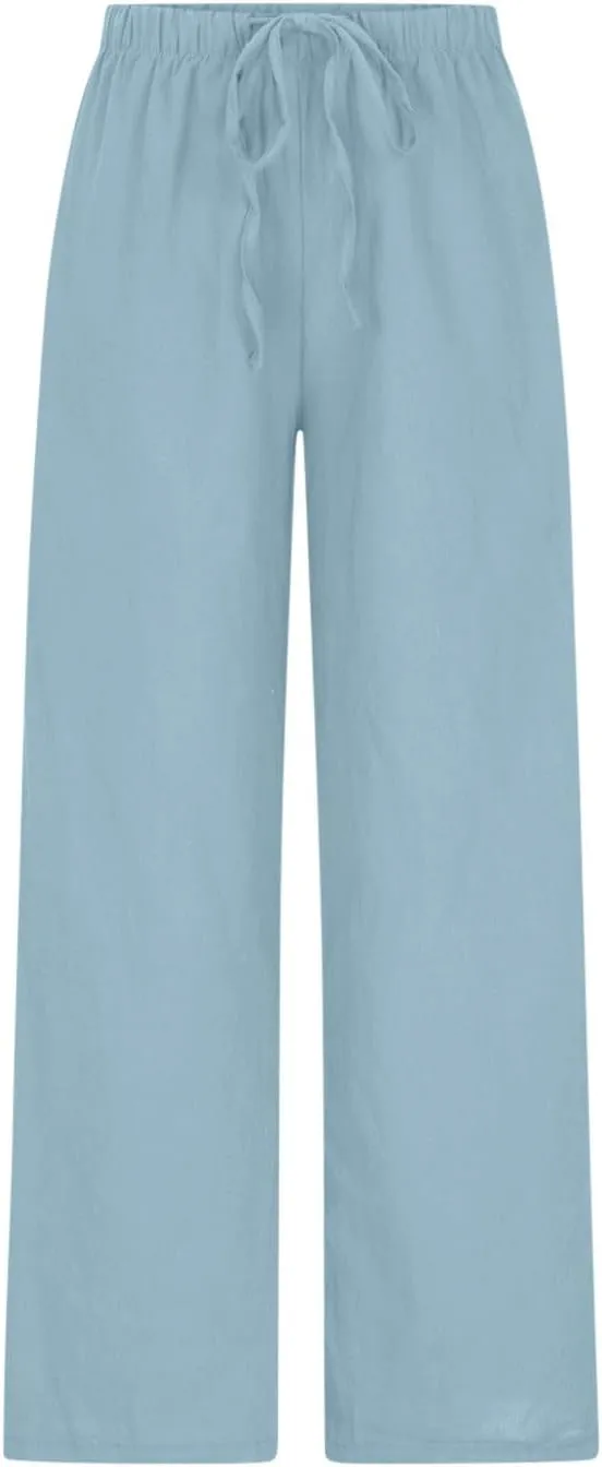 Palazzo Pants for Women Summer Cotton Linen Long Pants Loose Flowy Wide Leg Pants Vacation Beach Trousers with Pocket
