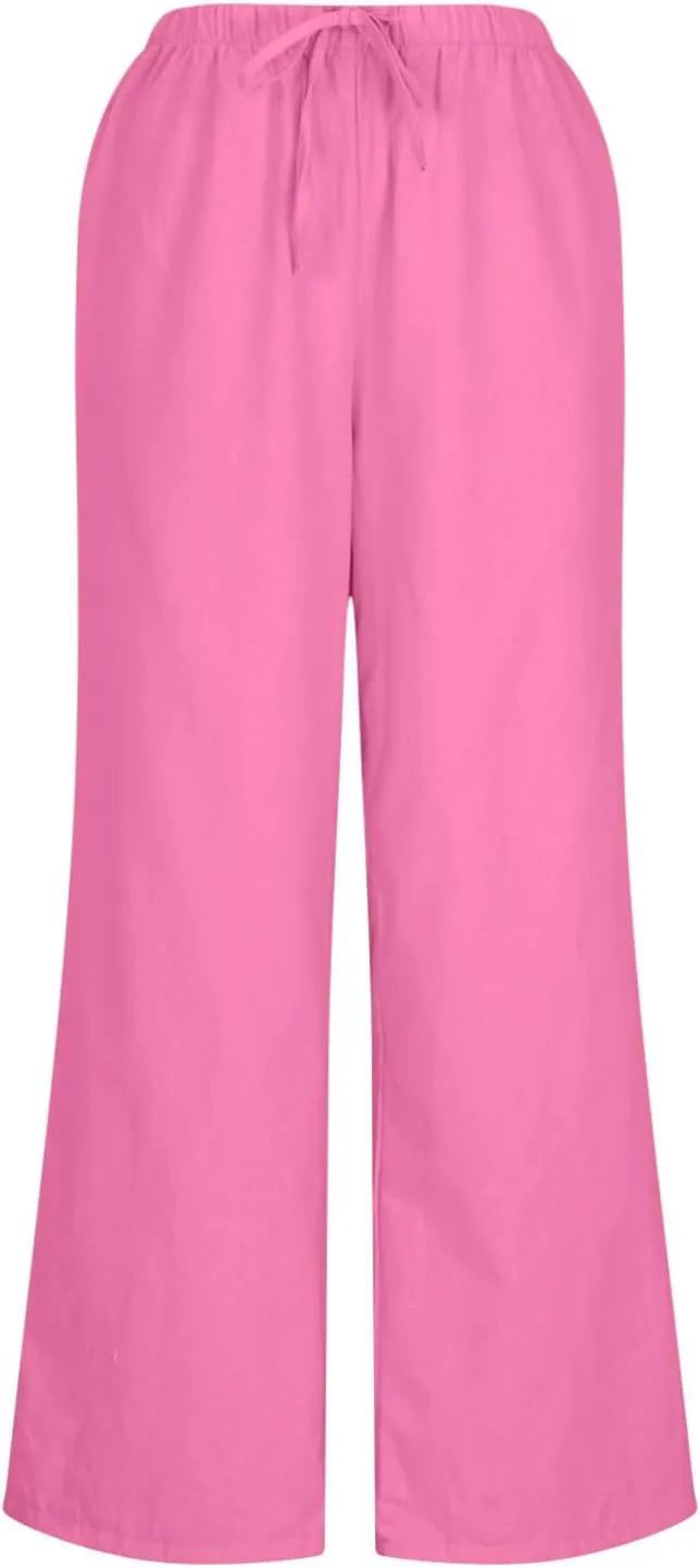 Palazzo Pants for Women Summer Cotton Linen Long Pants Loose Flowy Wide Leg Pants Vacation Beach Trousers with Pocket