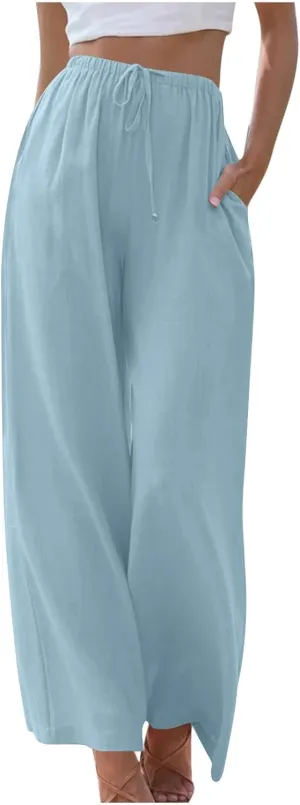 Palazzo Pants for Women Summer Cotton Linen Long Pants Loose Flowy Wide Leg Pants Vacation Beach Trousers with Pocket
