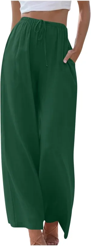 Palazzo Pants for Women Summer Cotton Linen Long Pants Loose Flowy Wide Leg Pants Vacation Beach Trousers with Pocket