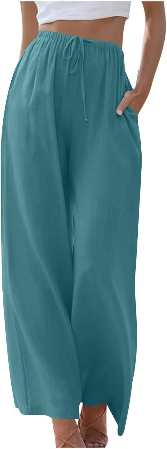 Palazzo Pants for Women Summer Cotton Linen Long Pants Loose Flowy Wide Leg Pants Vacation Beach Trousers with Pocket