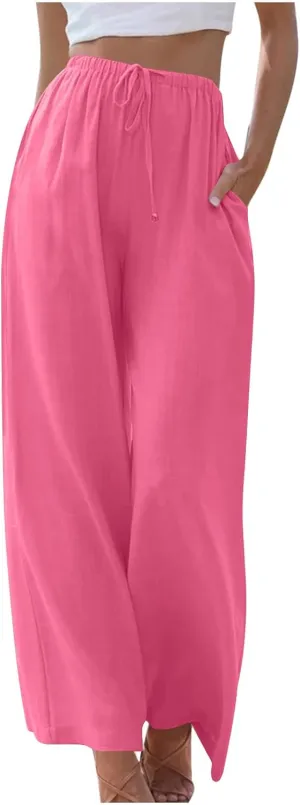 Palazzo Pants for Women Summer Cotton Linen Long Pants Loose Flowy Wide Leg Pants Vacation Beach Trousers with Pocket