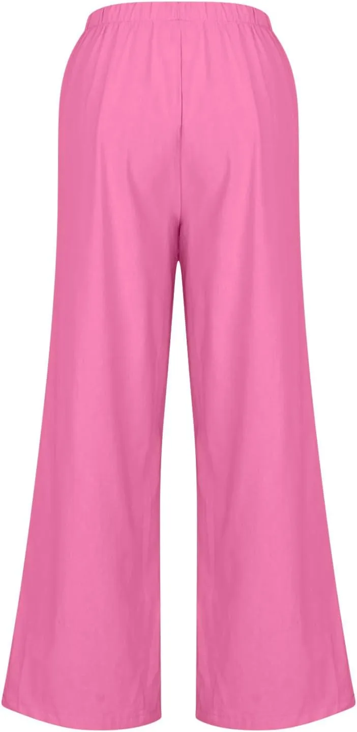 Palazzo Pants for Women Summer Cotton Linen Long Pants Loose Flowy Wide Leg Pants Vacation Beach Trousers with Pocket