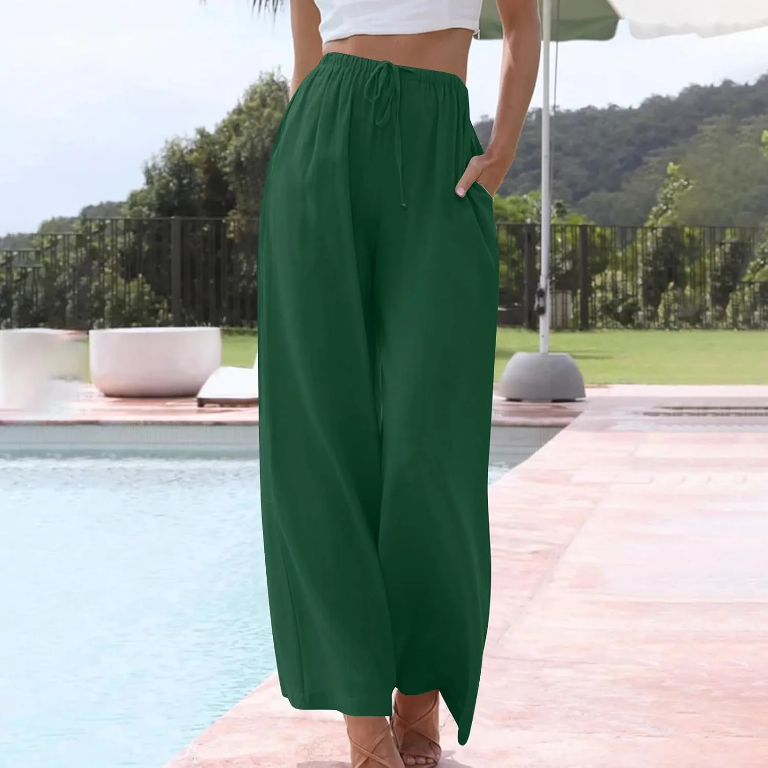 Palazzo Pants for Women Summer Cotton Linen Long Pants Loose Flowy Wide Leg Pants Vacation Beach Trousers with Pocket