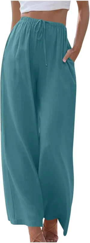 Palazzo Pants for Women Summer Cotton Linen Long Pants Loose Flowy Wide Leg Pants Vacation Beach Trousers with Pocket