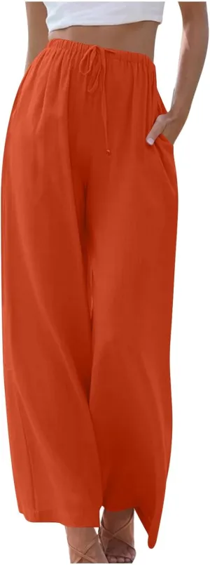 Palazzo Pants for Women Summer Cotton Linen Long Pants Loose Flowy Wide Leg Pants Vacation Beach Trousers with Pocket
