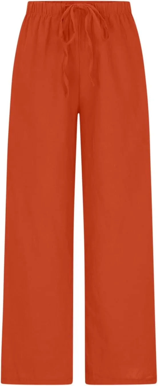 Palazzo Pants for Women Summer Cotton Linen Long Pants Loose Flowy Wide Leg Pants Vacation Beach Trousers with Pocket