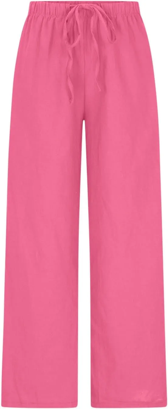 Palazzo Pants for Women Summer Cotton Linen Long Pants Loose Flowy Wide Leg Pants Vacation Beach Trousers with Pocket