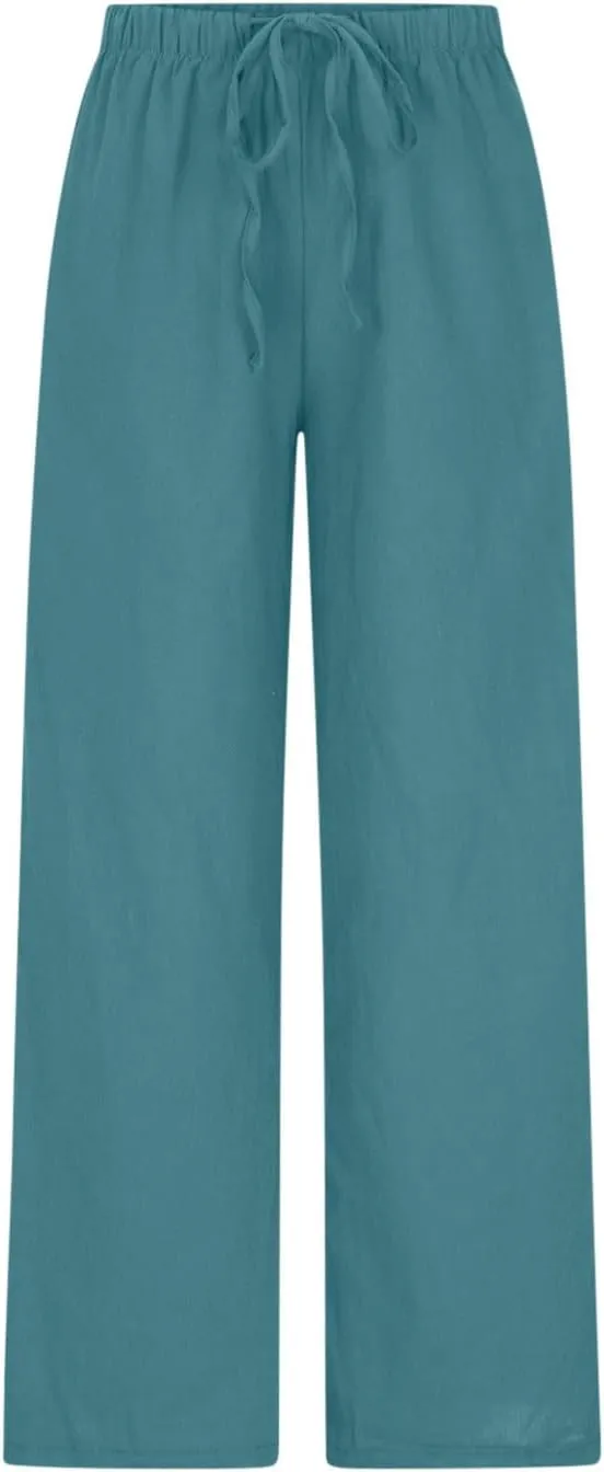 Palazzo Pants for Women Summer Cotton Linen Long Pants Loose Flowy Wide Leg Pants Vacation Beach Trousers with Pocket