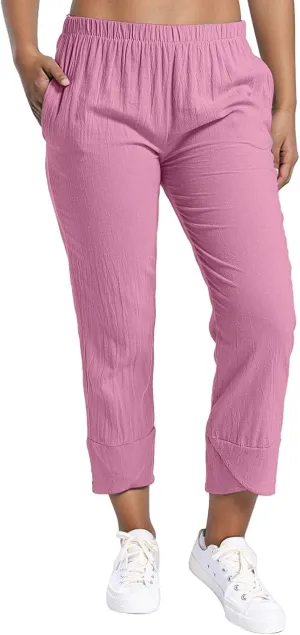 Petite Linen Pants for Women Casual Loose Elastic High Waisted Straight Long Trousers Summer Beach Travel Vacation
