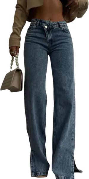 PIRAL Women's Cross Button Straight Jeans  Asymmetric Closure, 100% Cotton, 32-Inch Inseam