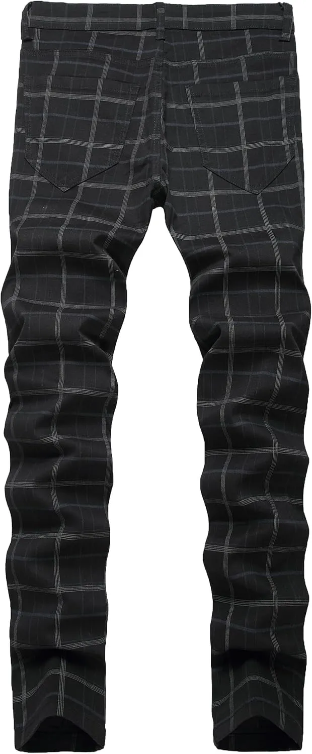 Plaid Pants for Men, Mens Skinny Stretch Slim fit Chinos Golf Business Dress Casual Pants