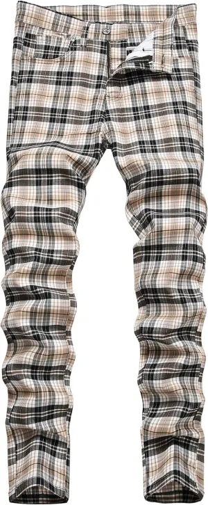 Plaid Pants for Men, Mens Skinny Stretch Slim fit Chinos Golf Business Dress Casual Pants