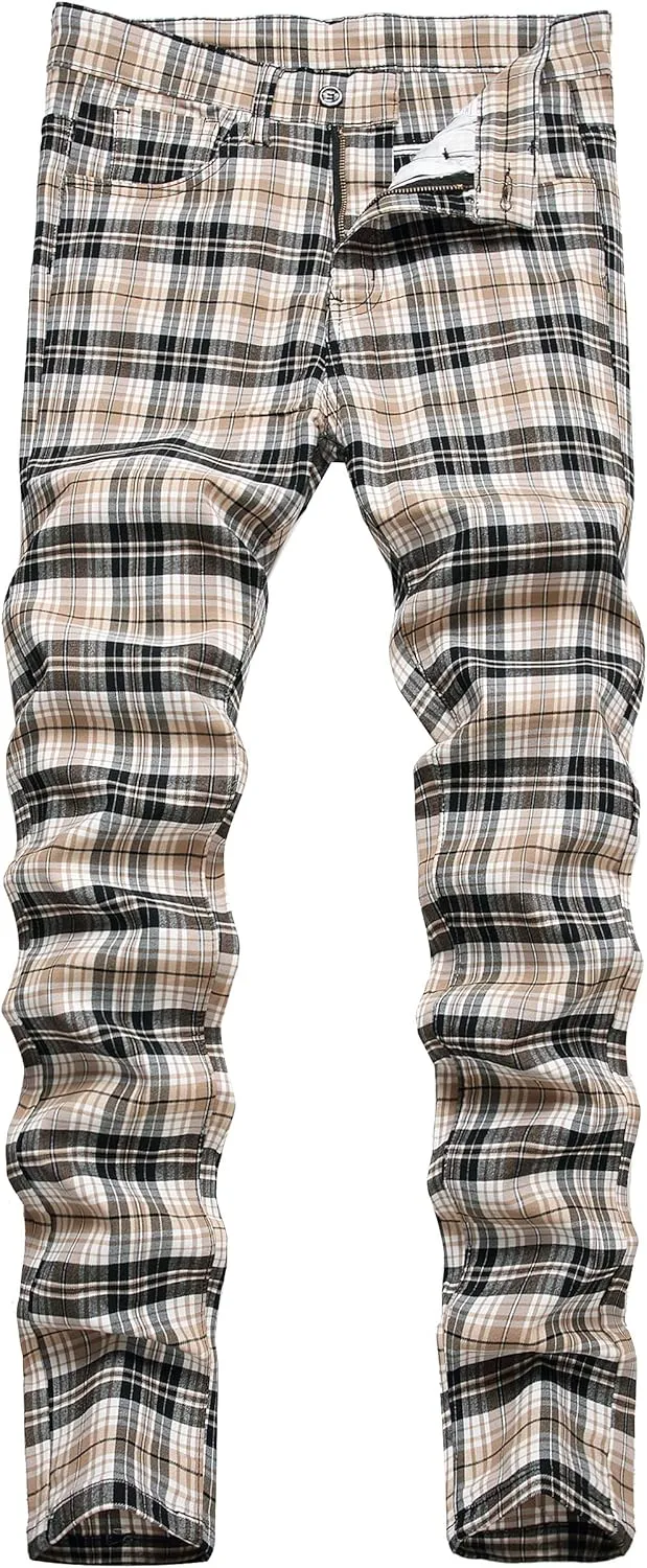 Plaid Pants for Men, Mens Skinny Stretch Slim fit Chinos Golf Business Dress Casual Pants