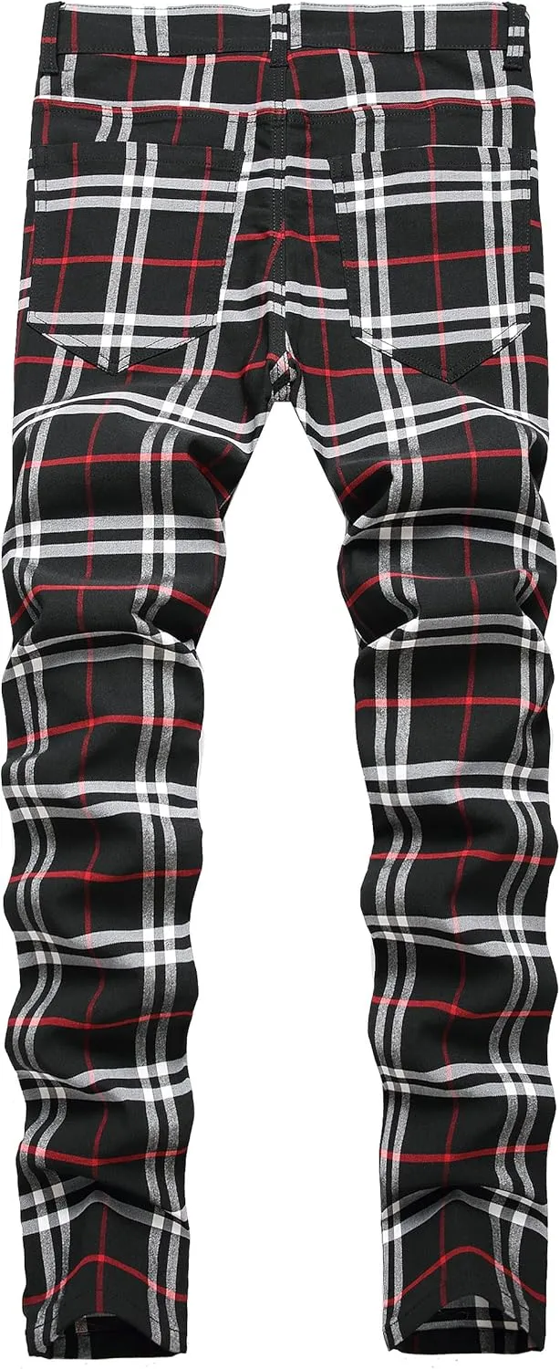 Plaid Pants for Men, Mens Skinny Stretch Slim fit Chinos Golf Business Dress Casual Pants