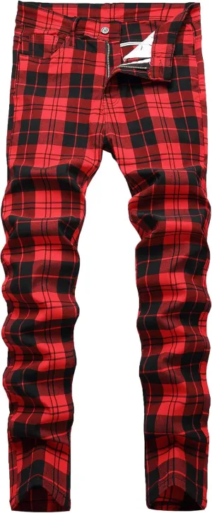 Plaid Pants for Men, Mens Skinny Stretch Slim fit Chinos Golf Business Dress Casual Pants