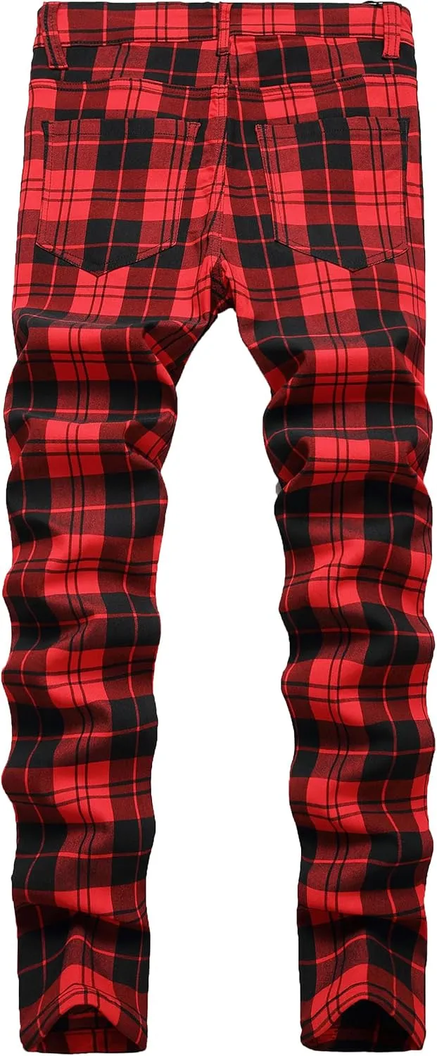 Plaid Pants for Men, Mens Skinny Stretch Slim fit Chinos Golf Business Dress Casual Pants